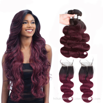 Brazilian hair Weave 3 bundles 99J Body Wave Ombre Bundles With Closure T1B/99j Human Hair Blonde bundles With Closure